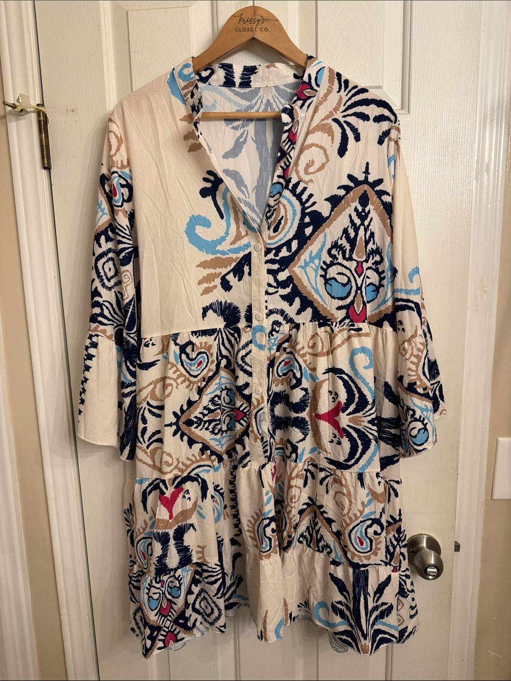 Tiered Mini Dress in Cream with Navy & Sky Blue Print